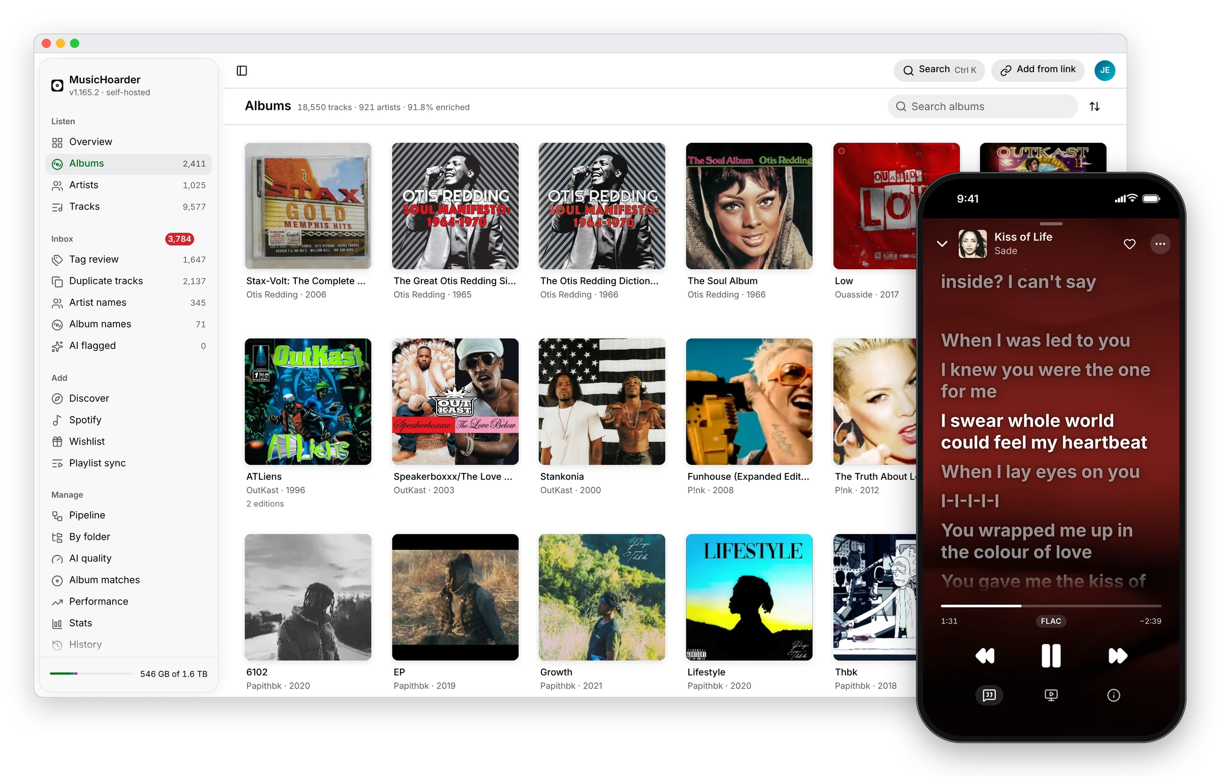 MusicHoarder on a desktop and an iPhone: the Albums grid of a real library, next to Now Playing with time-synced lyrics over the song's music video