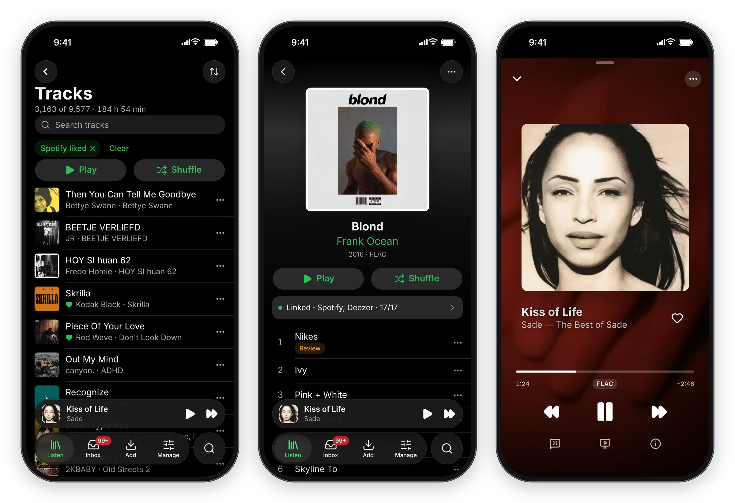 The installed app on three iPhones in dark mode: the Tracks list filtered to Spotify liked songs, Frank Ocean's Blond album page, and Now Playing over the song's music video, with the mini player above the floating tab bar