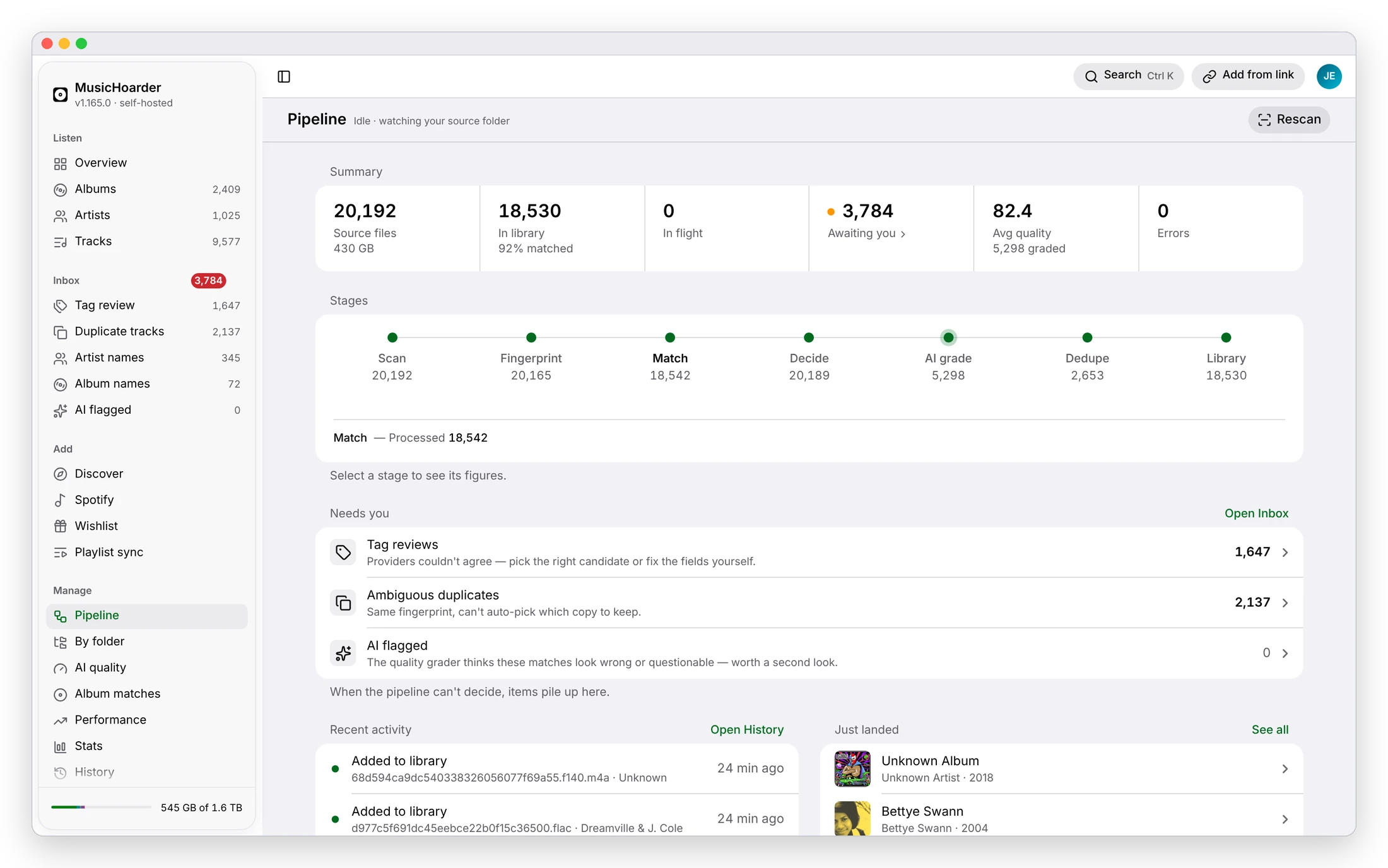 The Pipeline dashboard: 20,192 source files, 18,530 in the library, 3,784 awaiting a decision and an average AI quality of 82.4, above the stage-by-stage conveyor and the queue of what needs you
